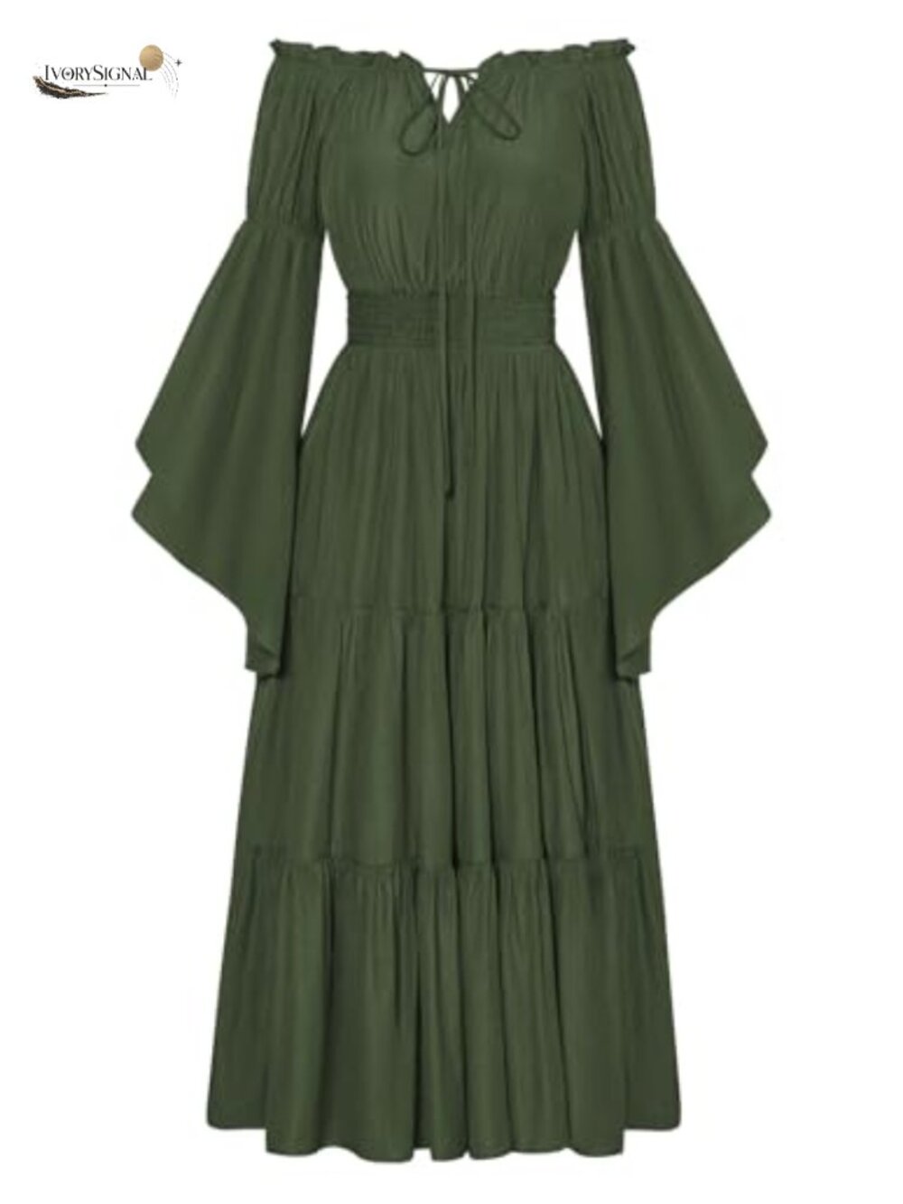 Renaissance Costume Women Bell Sleeve Tiered Maxi Dress Off Shoulder